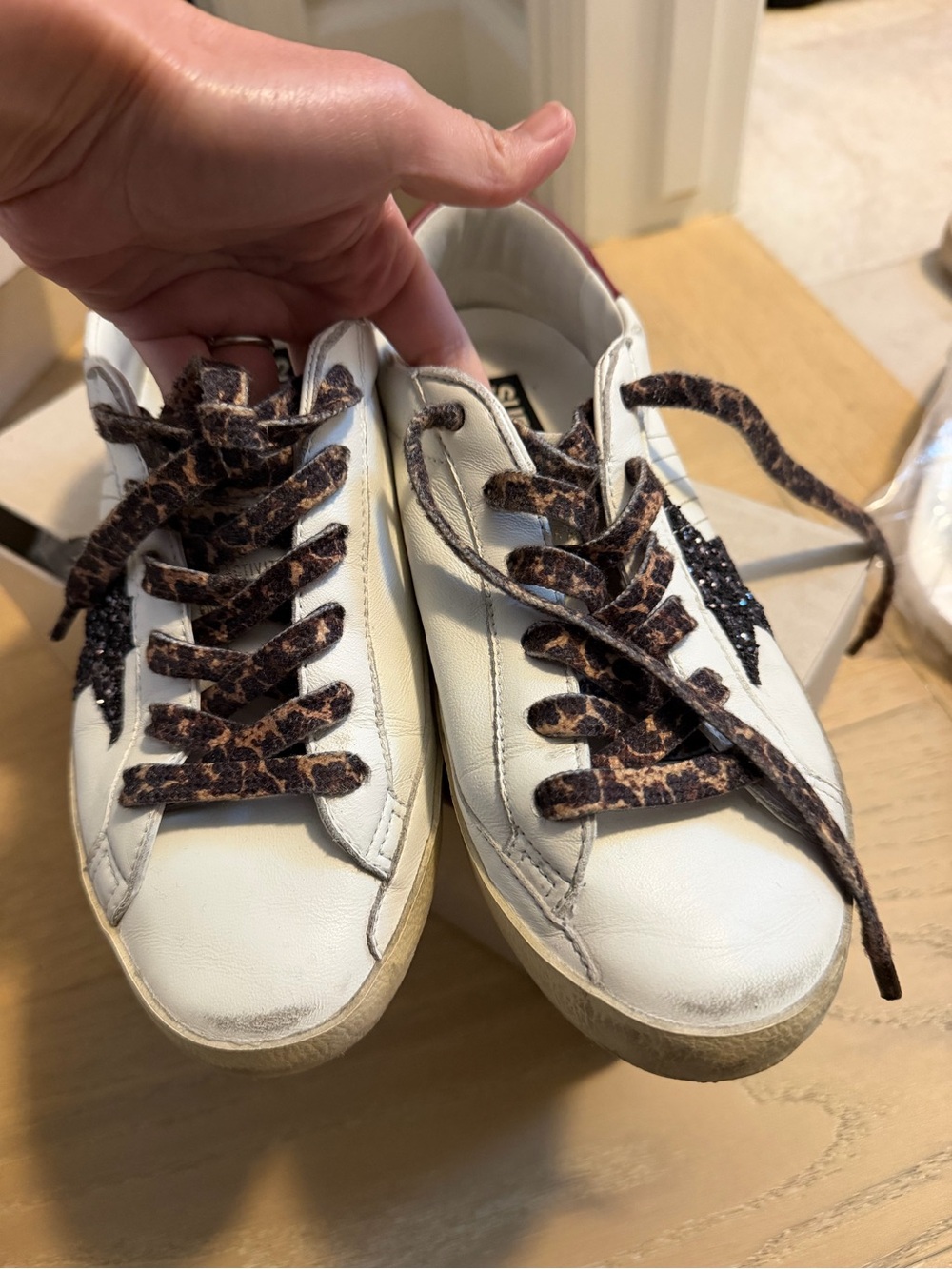Golden Goose White Leather Sneakers with Leopard Laces and Black Glitter Star